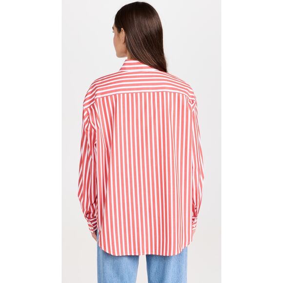 FAVORITE DAUGHTER Red White Stripe Pattern Front Button Open Hem Shirt sz Large - Picture 5 of 13